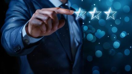 Close up of a businessman touching three stars for the best quality service and product review