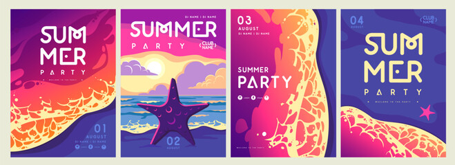 Set of retro summer party posters with ocean waves, beach and starfish. Vector illustration