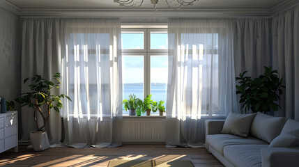 Fototapeta premium Curtain windows decorating the interior of a room, featuring a vintage light filter.