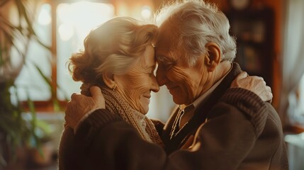 Elderly Couple Sharing Tender Moment of Love and Intimacy in Their Cozy Living Room