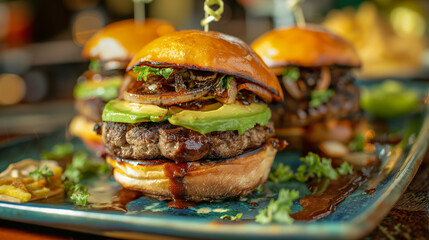 Gourmet burgers with avocado, truffle aioli, and caramelized onions, served on stylish plates, with emphasis on layers and presentation