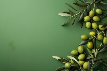 Close-up of an olive branch with green olives fruits and leaves on a green background with copy space