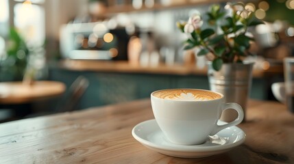 Fototapeta premium A white coffee cup with a white saucer sits on a wooden table