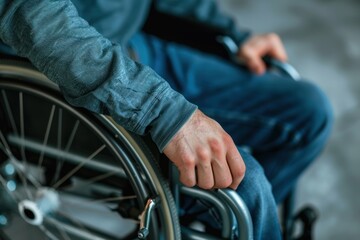 Obraz premium close-up of the hand of man pushing wheelchair. Selective focus on the male hand holding the wheelchair wheel