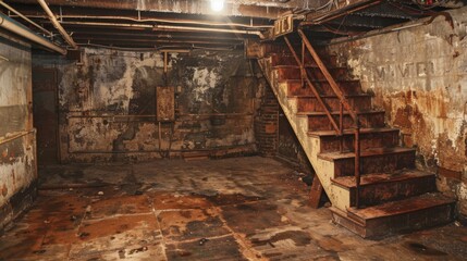 Abandoned basement with rusty staircase