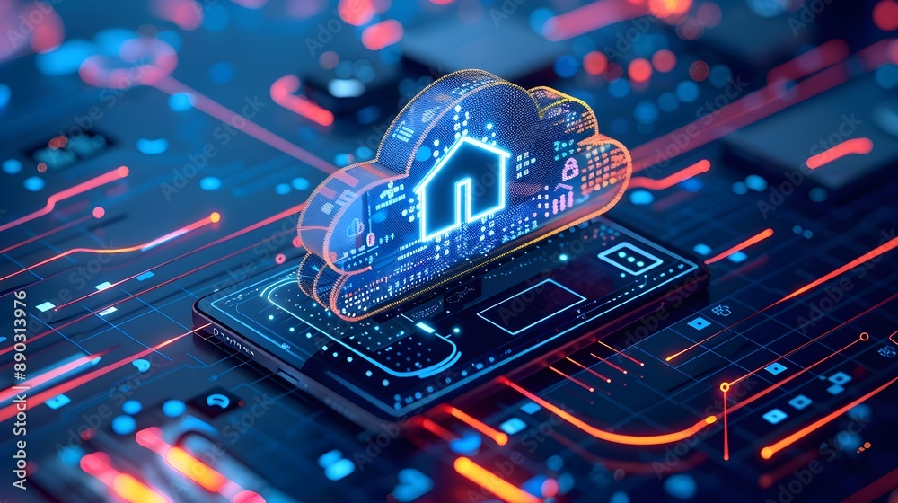 Poster iot devices interconnected through cloud computing smart home dynamic and vibrant concept