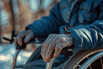 close-up of the wrinkled hand of senior man pushing wheelchair. Selective focus on the male hand