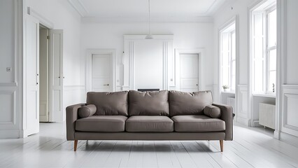 White living room with taupe sofa
