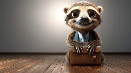 A cartoon sloth wearing a suit and tie sits on a wooden floor with a briefcase in front of him.