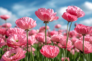 Obraz premium Closeup pink pion flowers in the field on a blue sky background