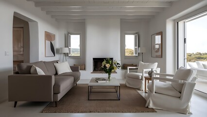 White living room with taupe sofa