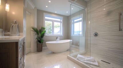 bathroom with a reeded glass shower enclosure, creating a sophisticated and private space