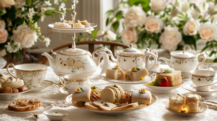 Fototapeta premium Elegant afternoon tea setup with various teas, finger sandwiches, scones with clotted cream, and pastries, presented on fine china, with refined and delicate details