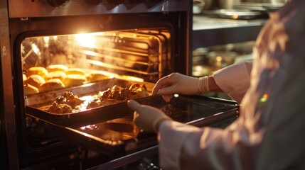 Person removing hot tray from oven