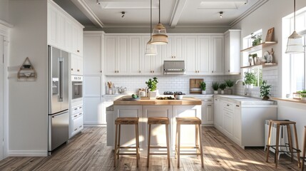 Modern Kitchen with White Cabinets and a Wooden Island