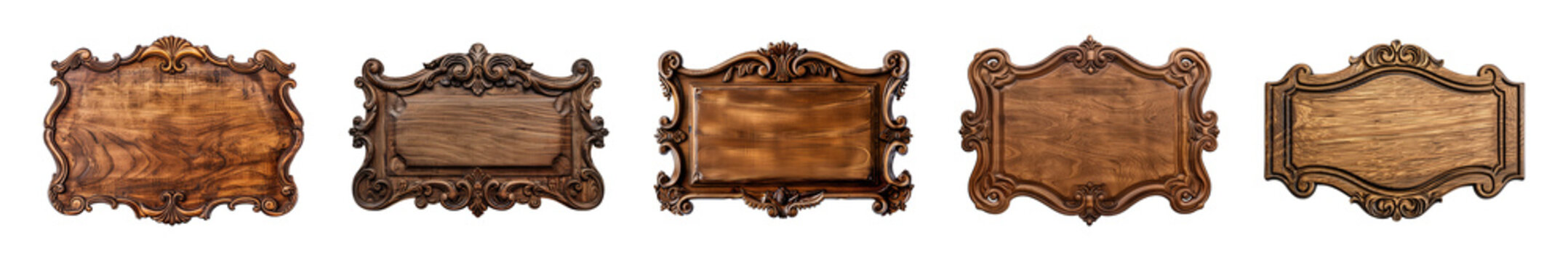 Collection of carved wooden nameplate or signboard isolated on a transparent background, cut-out, PNG
