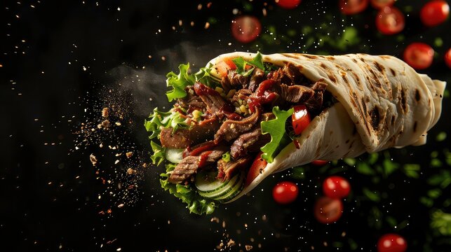fresh grilled beef turkish or chicken arabic shawarma doner sandwich flying isolated on black background. Generated AI