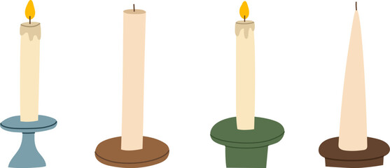 Various scented candles set. Collection of cozy aromatic candles. Aromatherapy and relaxation. Hand drawn flat vector illustration.