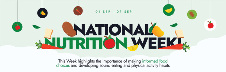 National Nutrition Week banner, background, post. 1 to 7 september Nutritional Week cover banner with hanging stickers, colourful icon of healthy fruits and vegetables. 