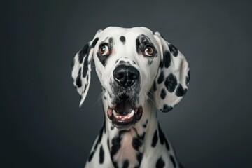 Studio portrait of a dalmatian dog with a surprised face, concept of Pet Photography and Dalmatian Breed