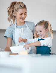 Kitchen baking, mother and smiling kid cooking, happy and help prepare butter, flour or food...