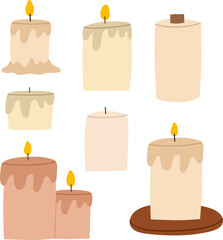 Various wax candles set. Collection of decorative candles for relax and spa. Different shapes and sizes. Hand drawn flat vector illustration.