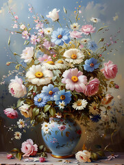 Oil painting of flowers and vase