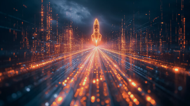 Rocket soaring with bitcoin graph and upward lines, AI generative art highlighting financial growth and innovation.