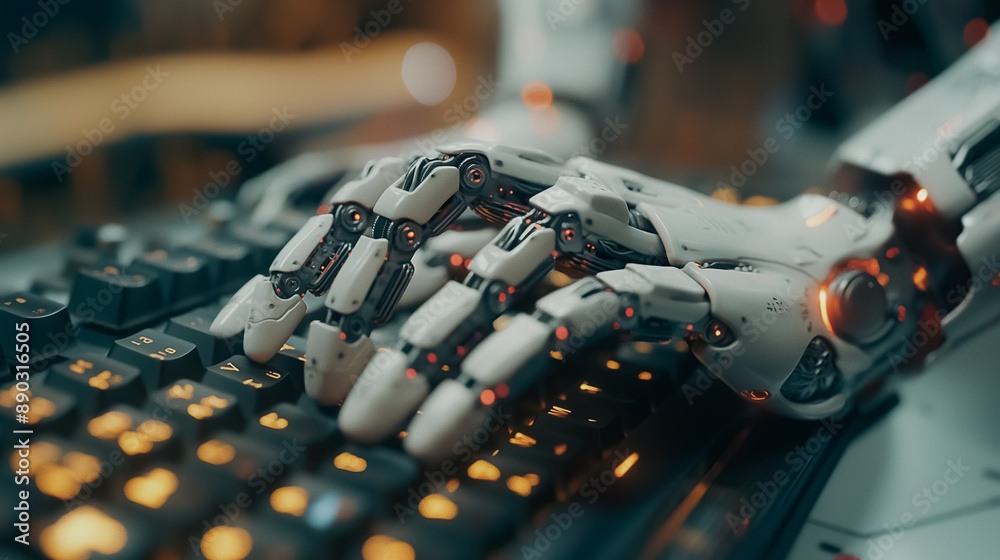 Poster futuristic robotic hand typing on a computer, representing the megatrend of robots replacing humans 