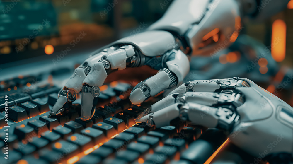 Poster robotic hand working on a computer, emphasizing the future trend of robots taking over human roles i