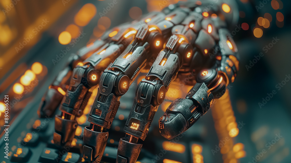 Poster robotic hand working on a computer, emphasizing the future trend of robots taking over human roles i