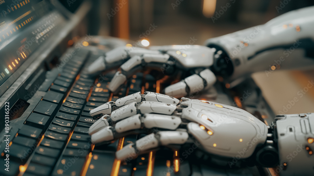 Poster futuristic robotic hand typing on a computer, representing the megatrend of robots replacing humans 