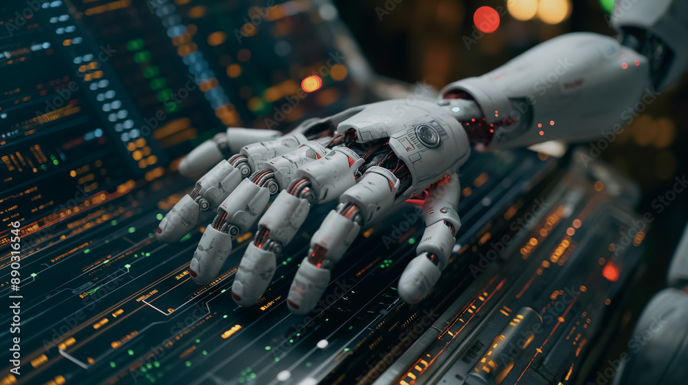 Poster ai-powered robotic hand interacting with a monitor, highlighting the megatrend of robots replacing h
