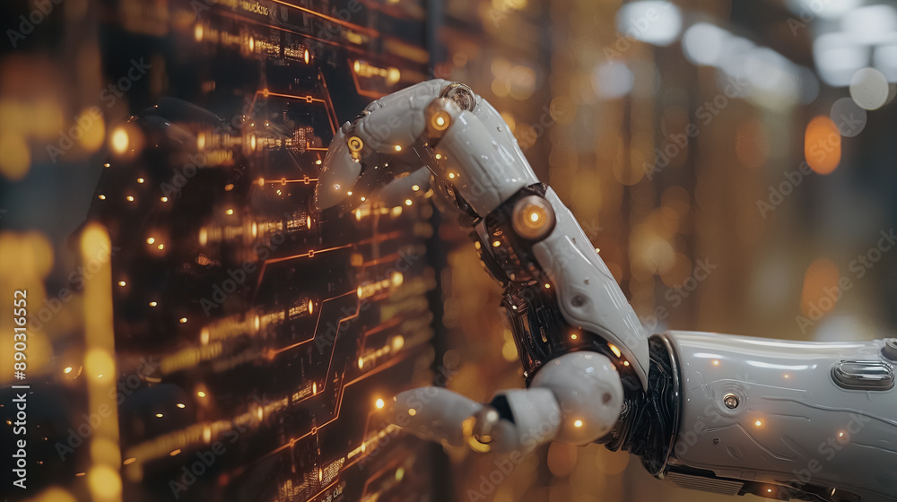 Poster ai-powered robotic hand interacting with a monitor, highlighting the megatrend of robots replacing h