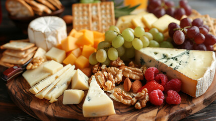 Artisan cheese platter with a selection of cheeses, fruits, nuts, and crackers, arranged on a wooden board, highlighting the variety and presentation