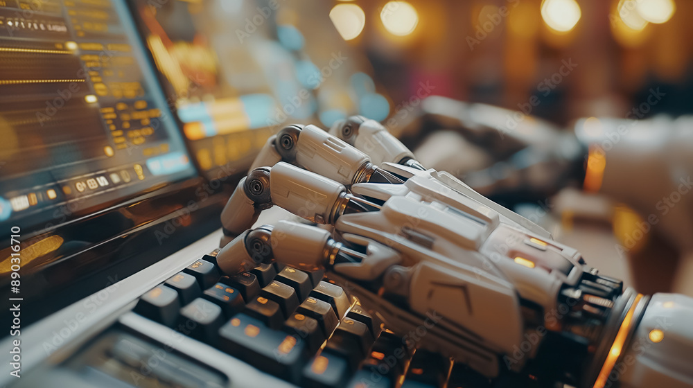 Poster robotic hand operating a computer, illustrating the megatrend of robots taking over human tasks in i