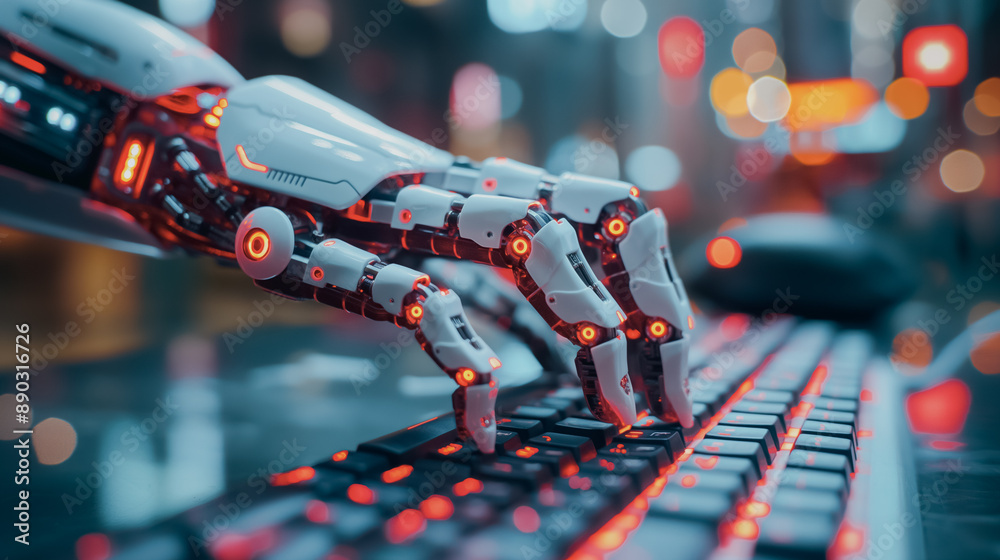 Poster robotic hand operating a computer, illustrating the megatrend of robots taking over human tasks in i