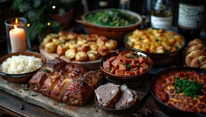 Fototapeta premium A variety of food items displayed on a table, including fruits, vegetables.