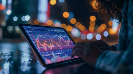 Stock exchange professionals using sophisticated software to monitor and predict market data behavior, viewed from a tablet device.