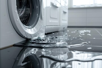 The washing machine is broken and leaking, a puddle under the washing machine on a white background