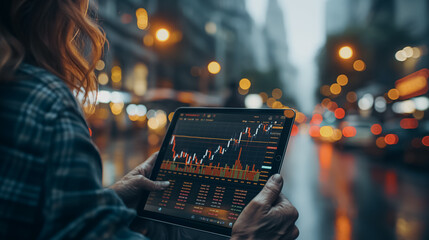 Successful traders and investors analyzing live market financial data with advanced computer software, zoomed-out view from a tablet device.