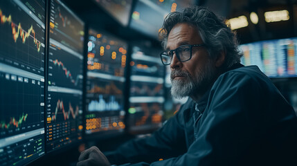 Group of successful stock exchange traders and investors using sophisticated computer software to monitor, research, and predict live market financial data behavior