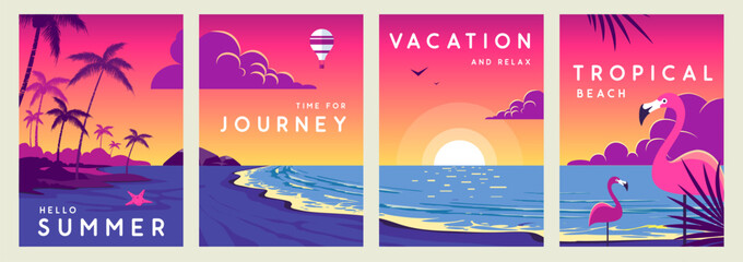 Set of retro summer travel posters with tropical landsape, ocean waves, beach, palm trees and flamingo. Vector illustration