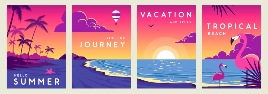 Set of retro summer travel posters with tropical landsape, ocean waves, beach, palm trees and flamingo. Vector illustration - Powered by Adobe