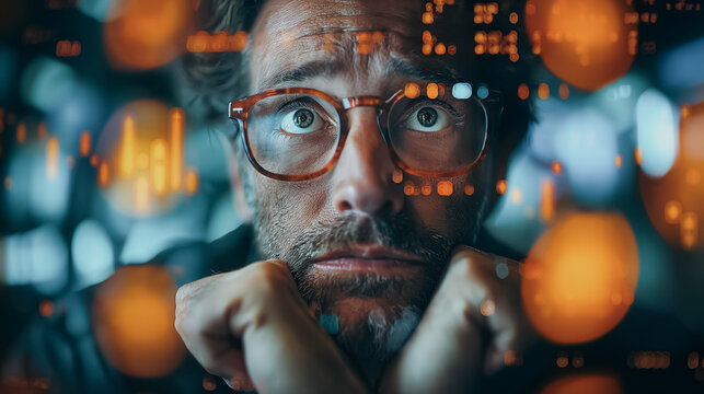 Stressed businessman in panic with a digital stock market background, highlighting global economic inflation and recession issues.