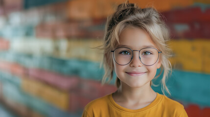 Happy boy in glasses on a colorful abstract backdrop, ideal for lively and playful wallpapers and backgrounds.