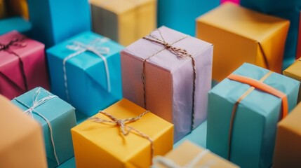 Colorful gift boxes with twine on pastel background