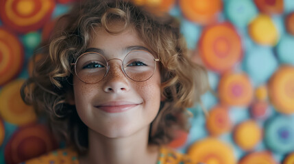 Fototapeta premium Cheerful boy in glasses on a colorful abstract background, creating an energetic and playful wallpaper or background.