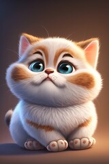 Fototapeta premium Funny postcard of a baby cat with big eyes in kawai style. AI generated