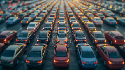 Obraz premium Used car in outdoor parking lot, rental service and dealership concept, automobile parking area with dealer agents.